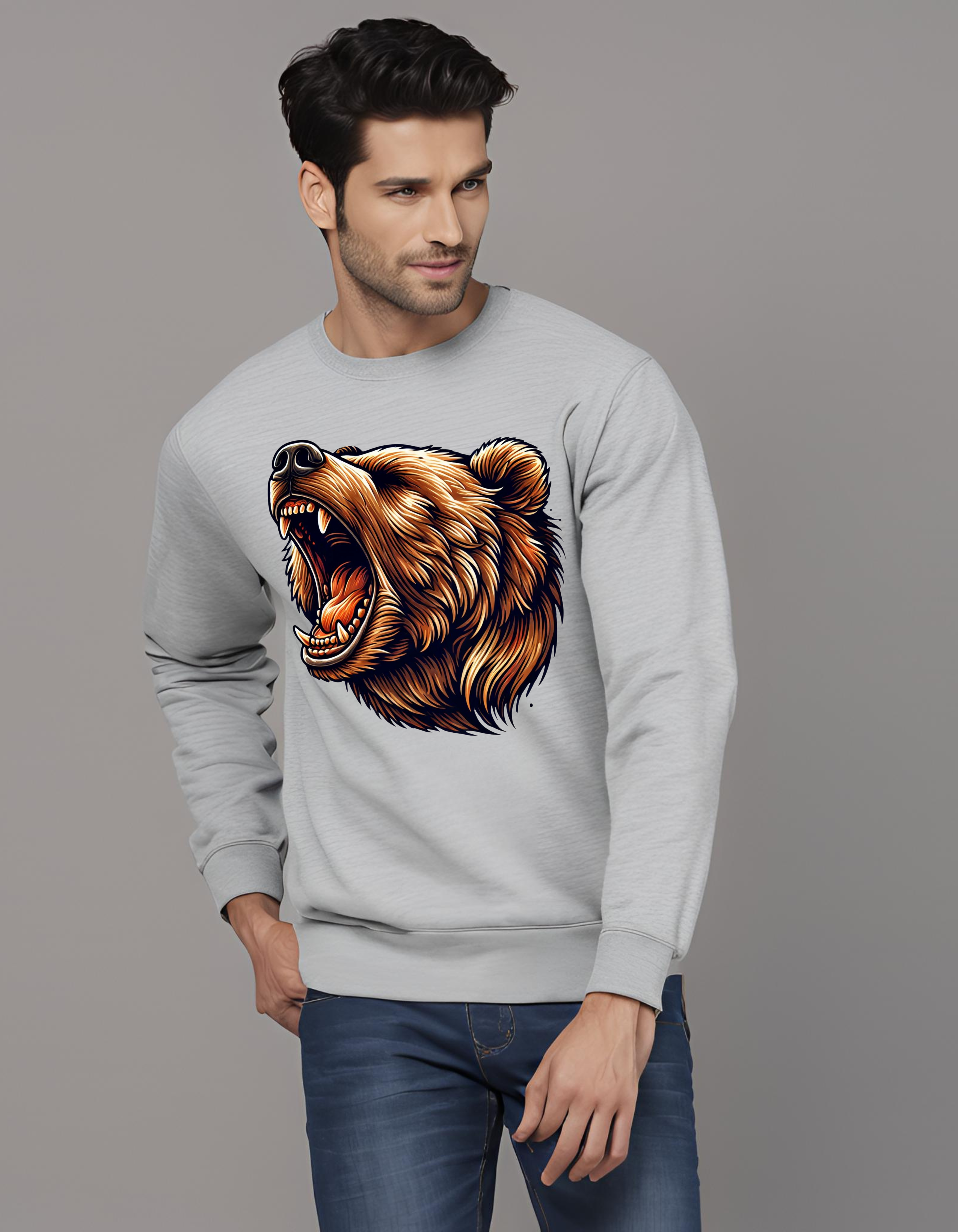 Bear Print Grey Melange- Sweatshirt